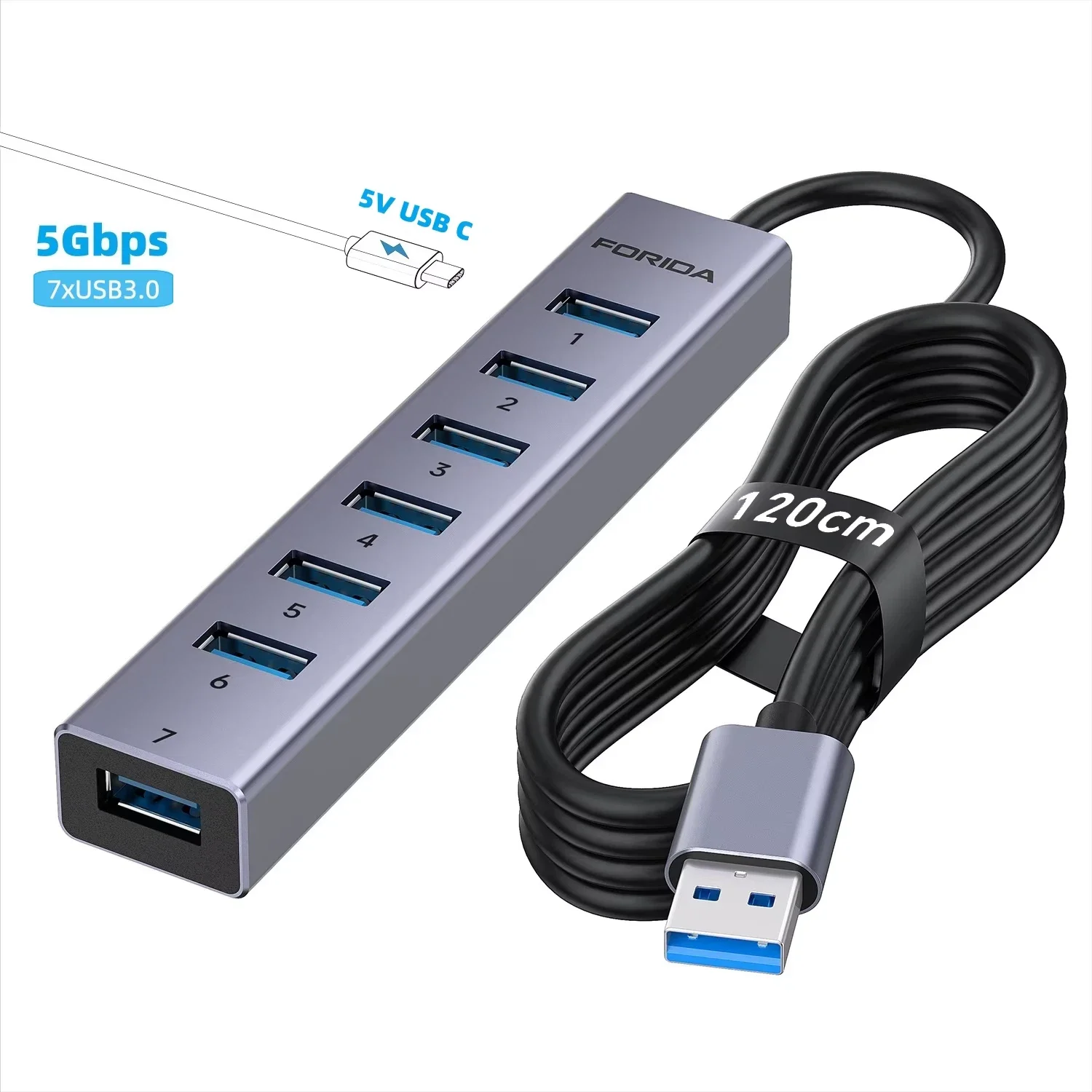 موزع USB FORIDA بـ7 منافذ USB 3.0 ألمنيوم بسرعة 5Gbps مع محول طاقة USB-C بجهد 5V للابتوب