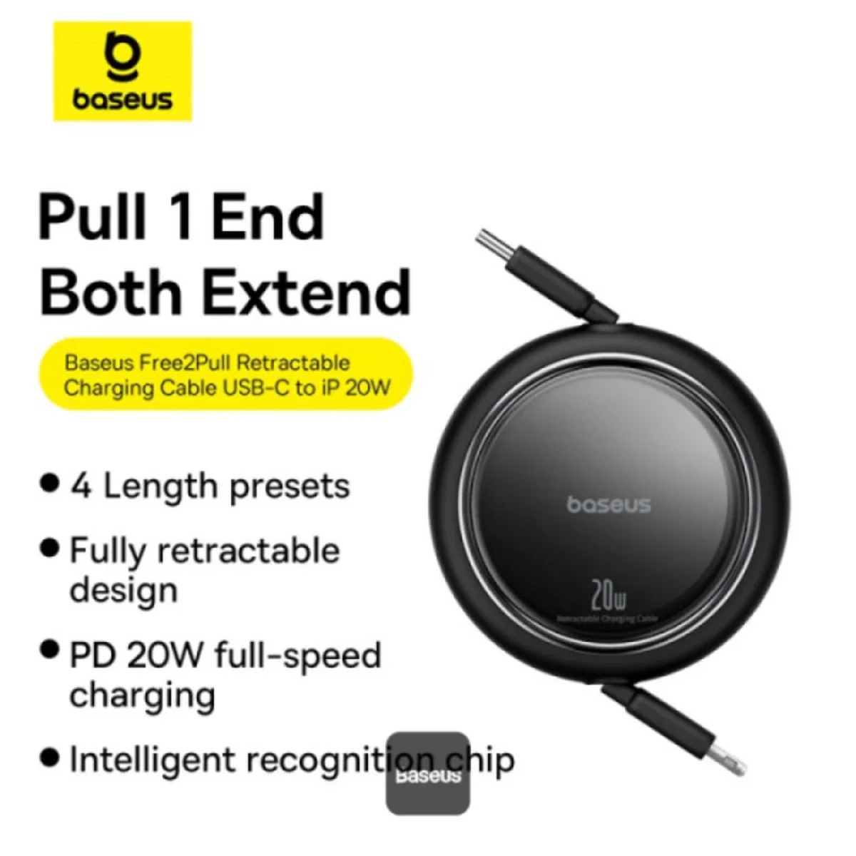 كابل Baseus Free2Pull Mini قابل للسحب من USB-C إلى Lightning بقدرة 20W وطول 1 متر أسود P10364501111-00 - Image 2