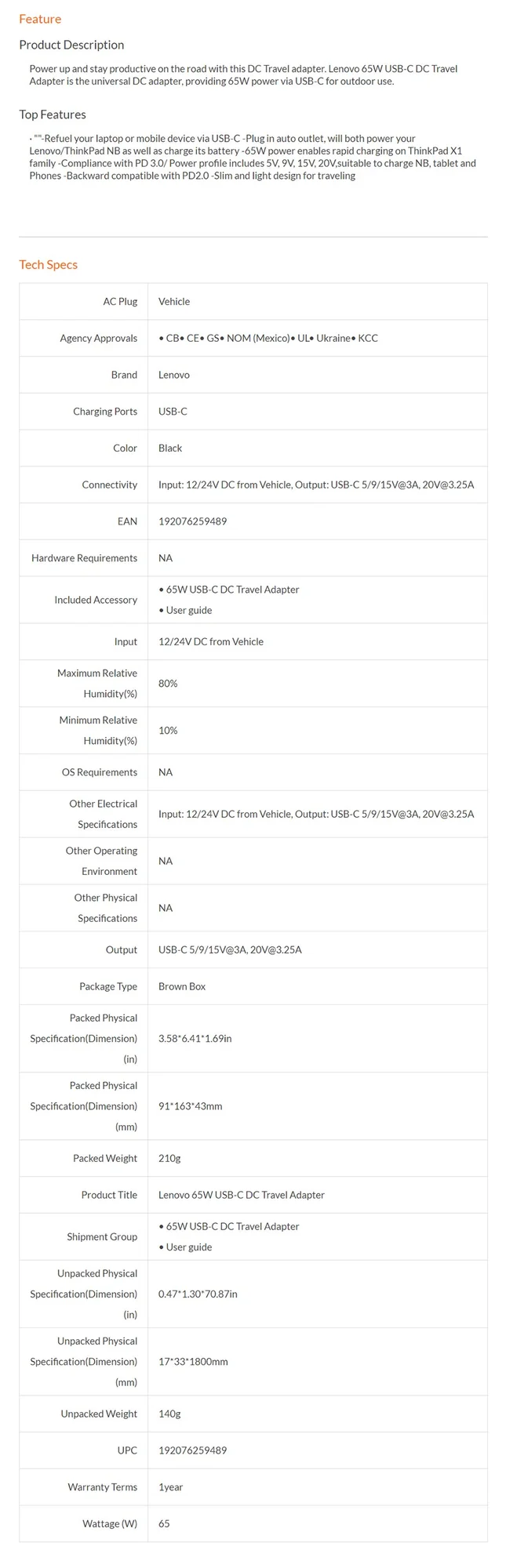 شاحن سيارة Lenovo 65W USB-C DC Travel Adapter 40AK0065WW - Image 6
