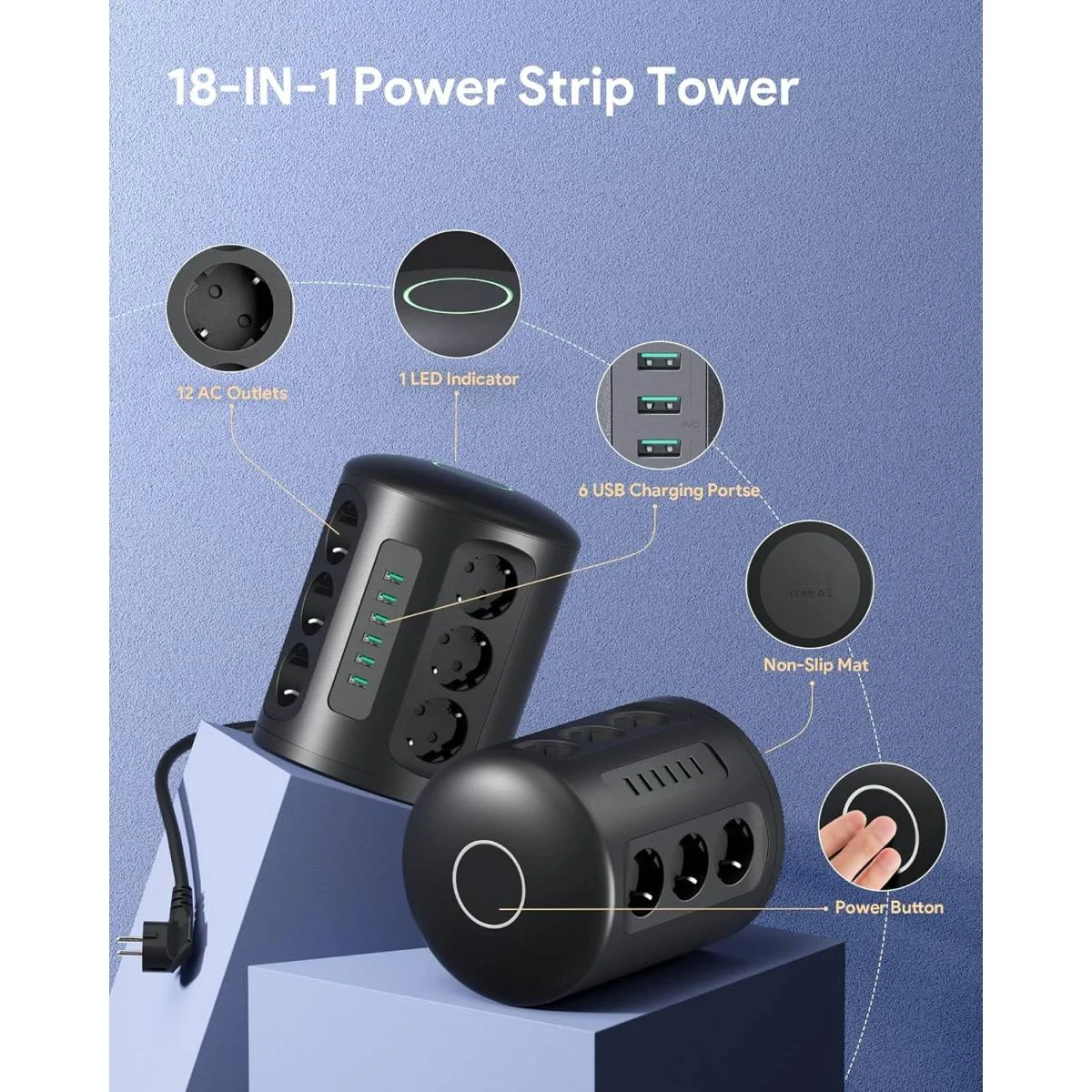 مشترك كهرباء عمودي AUKEY PA-S14 PowerHub XL واقي من زيادة التيار 12 مخرج و6 منافذ USB-A وكابل 2 متر - Thumbnail 2