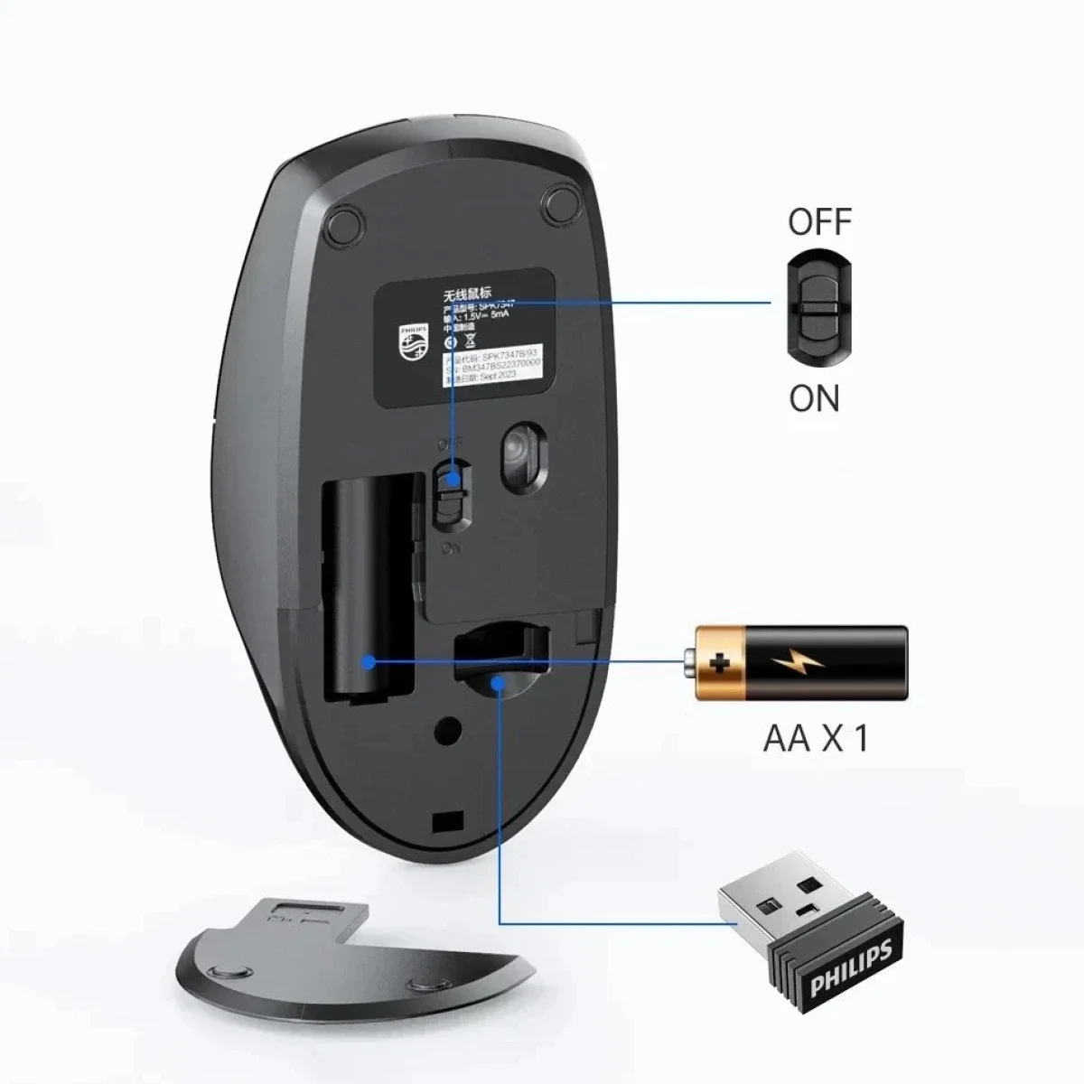 Philips M347 Ergonomic Wireless Mouse with 2.4GHz Connection - Black - Thumbnail 2