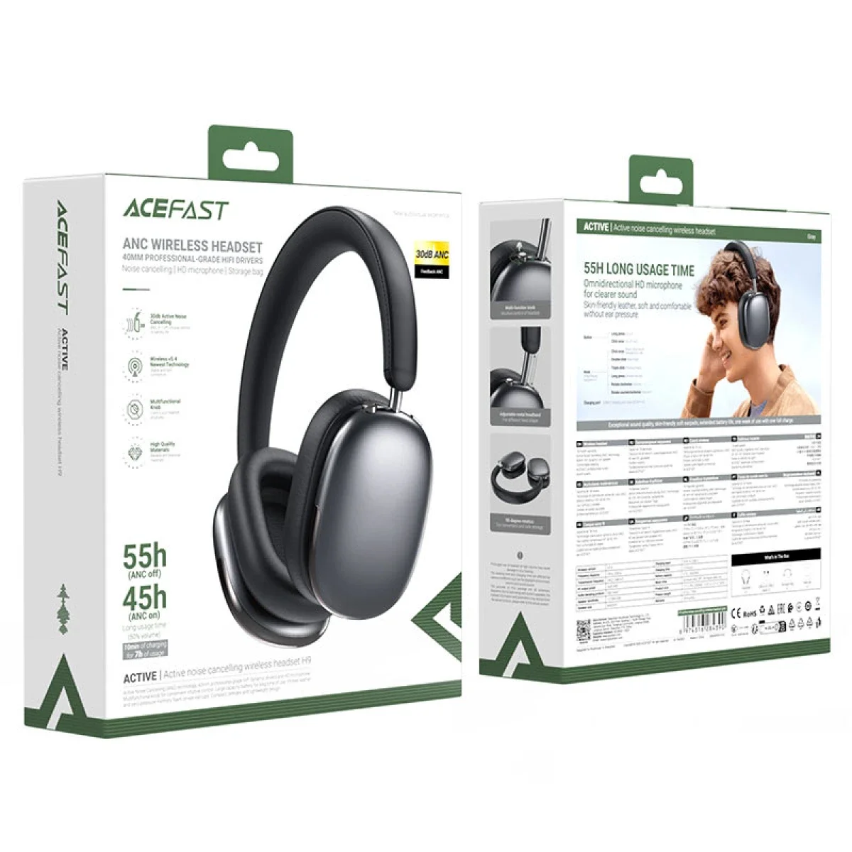 ACEFAST H9 ANC Wireless Bluetooth 5.4 Over-Ear Headphones, 30dB Noise Cancelling, 40mm Drivers, Gray - Image 5