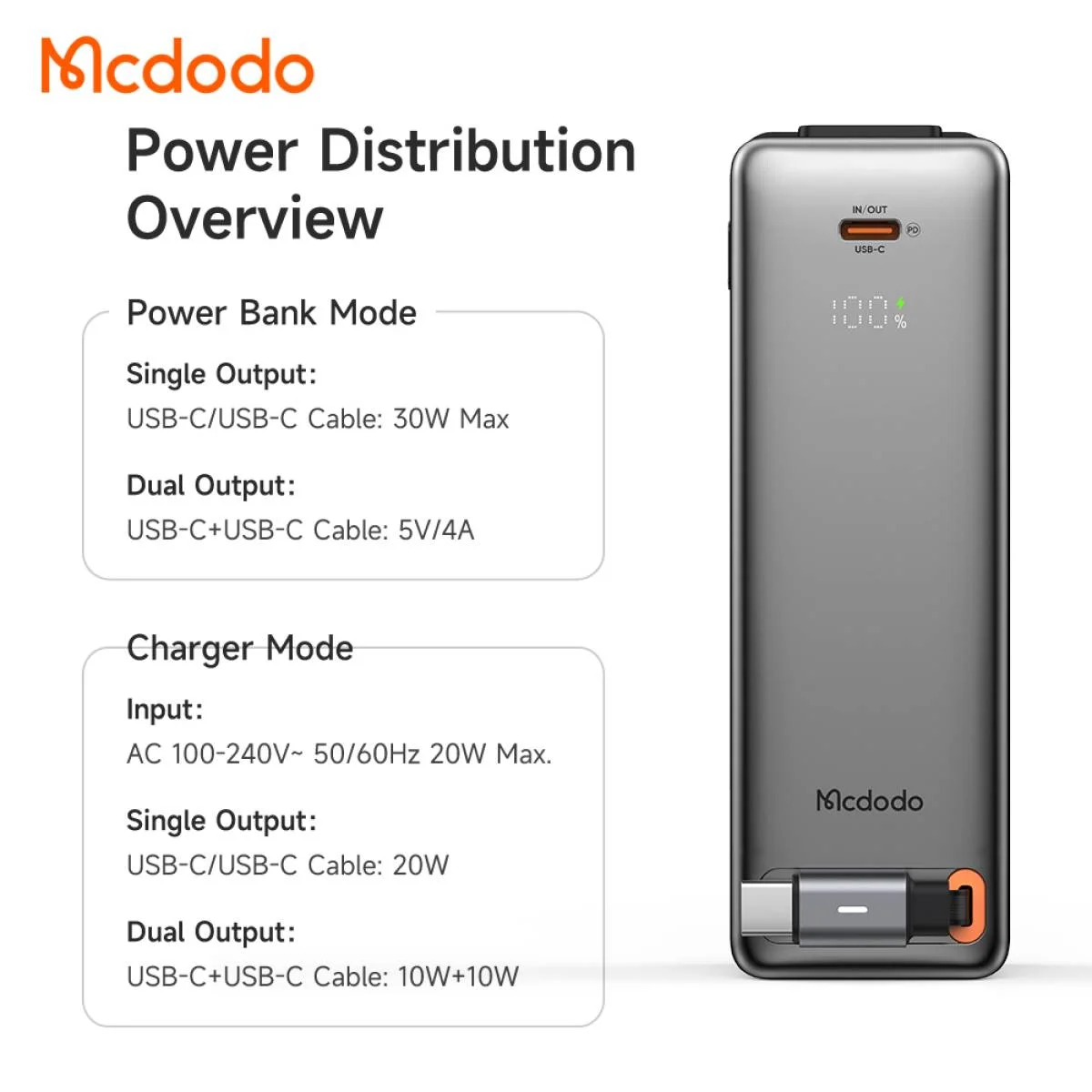 باور بانك Mcdodo 318 سعة 10000mAh بقدرة 30W 3 في 1 مع كابل قابل للسحب وقوابس قابلة للتبديل - Image 7