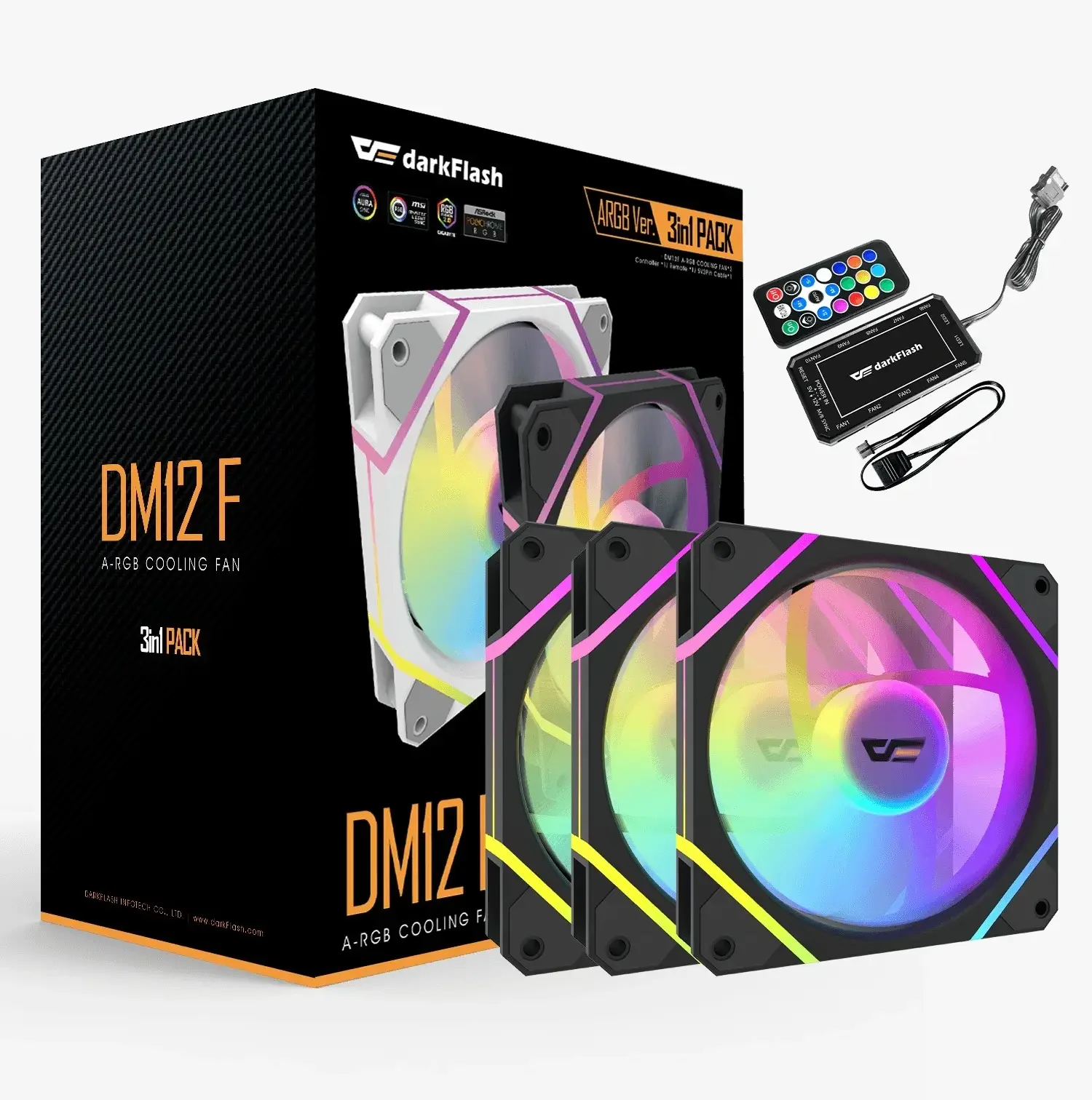 DarkFlash DM12F ARGB Cooling Fan 3-Pack with Controller - Black