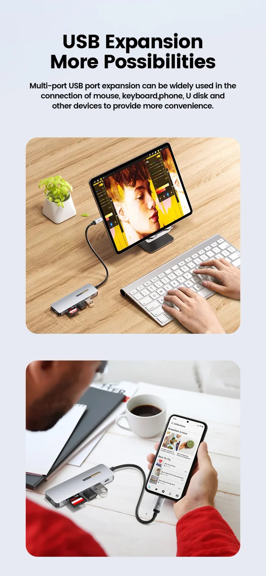 TOOCKI 6-in-1 USB-C Hub with 4K HDMI, USB 3.0, PD 100W, SD/TF Card Reader - Grey - Thumbnail 14