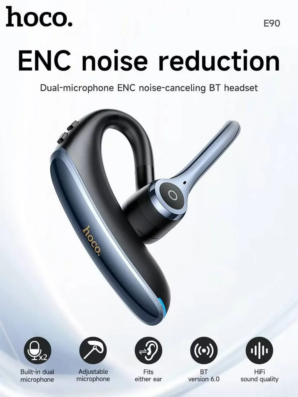 HOCO E90 Single-Ear Bluetooth Headset with ENC, Dual Microphones and 23-Hour Playtime - Black - Image 8