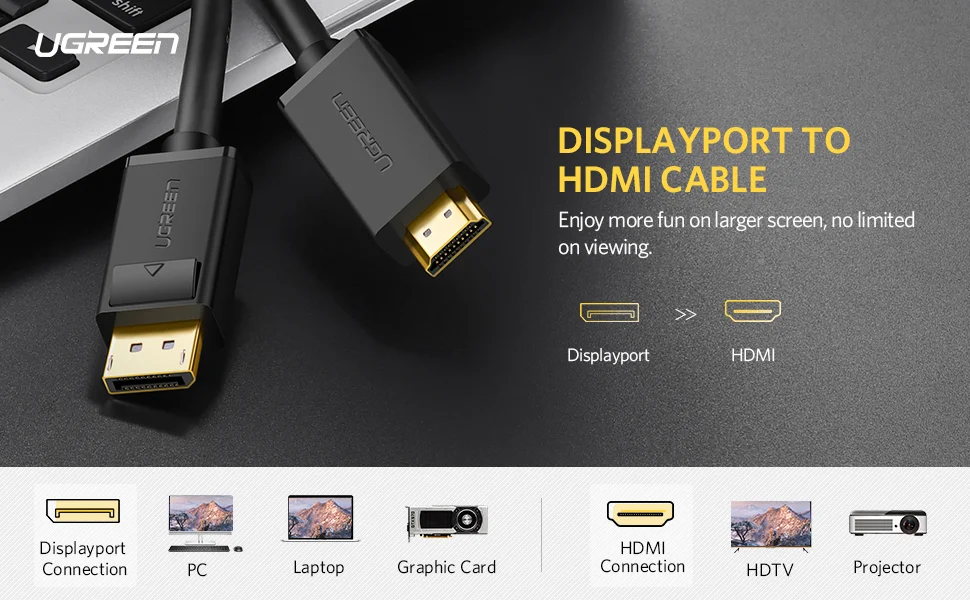 سلك Ugreen DisplayPort إلى HDMI بدقة 4K UHD بطول 1.5 متر أسود - Image 7