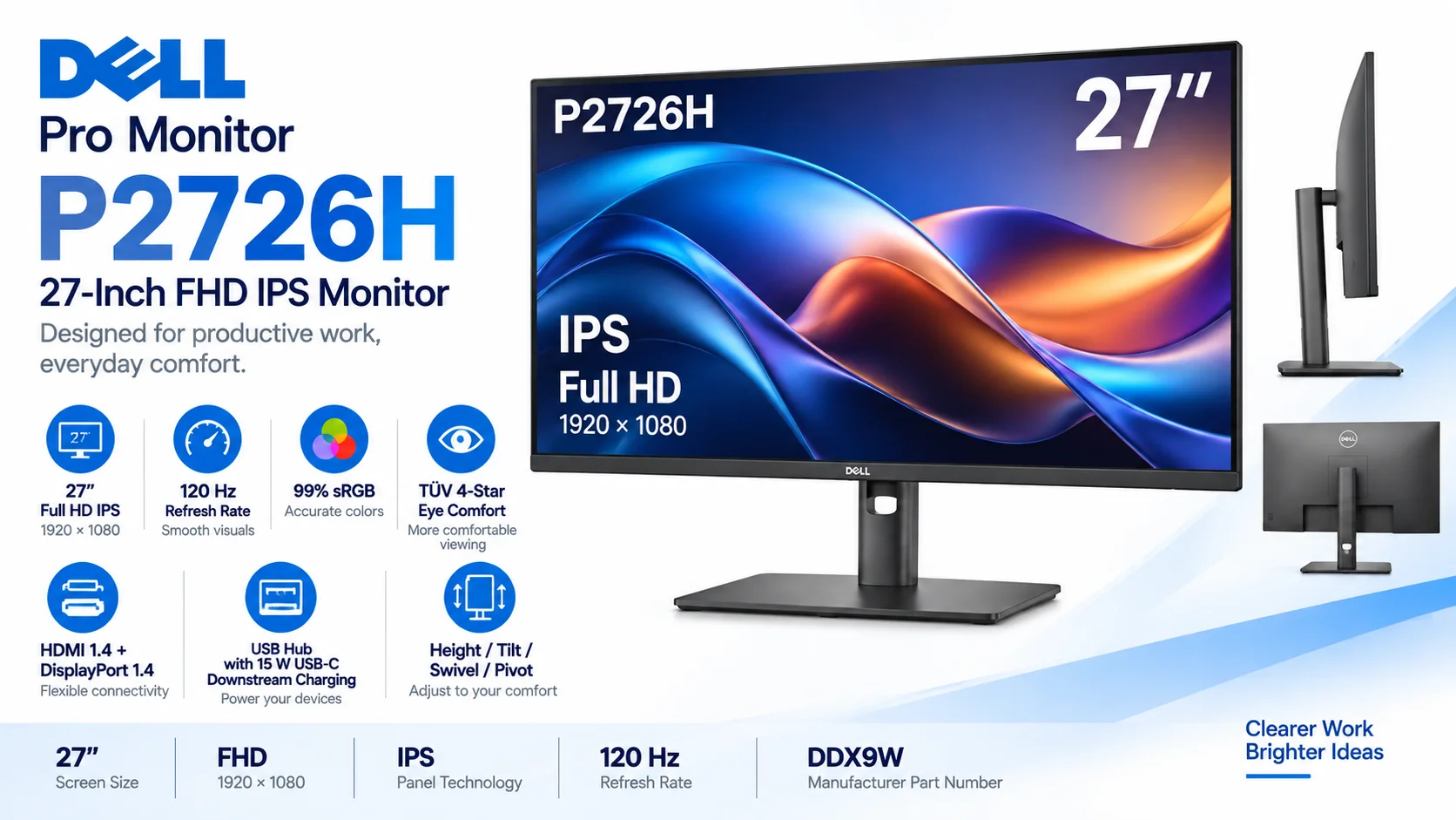 Dell P2726H (2026) 27-inch IPS Full HD 120Hz Monitor, Adjustable Stand, DisplayPort, HDMI, VGA, USB Hub, USB-C up to 15W - Thumbnail 9