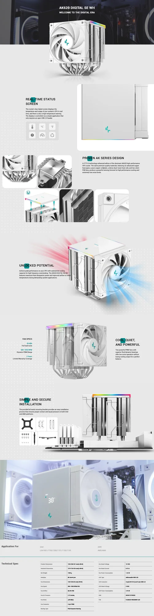 DeepCool AK620 Digital SE CPU Air Cooler White 260W TDP Dual-Tower ARGB - Image 8