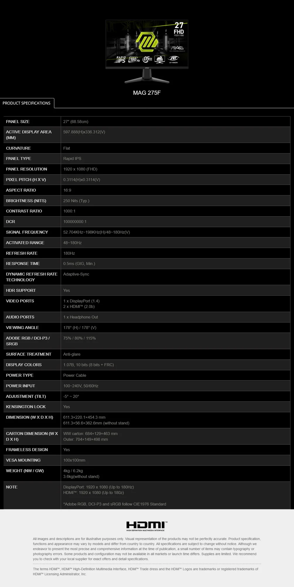 شاشة ألعاب MSI MAG 275F مقاس 27 إنش Rapid IPS بدقة FHD ومعدل 180Hz وزمن 0.5ms، أسود - Thumbnail 13