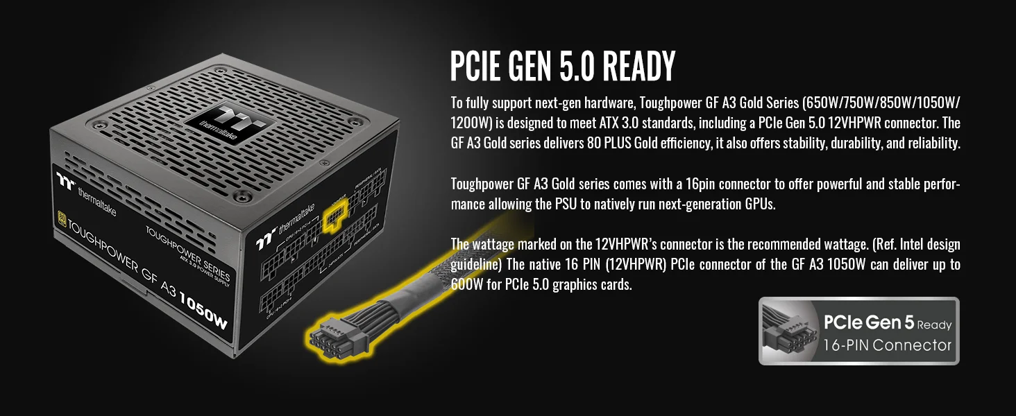 Thermaltake Toughpower GF A3 1050W 80 Plus Gold Fully Modular ATX 3.0 Power Supply - Thumbnail 10