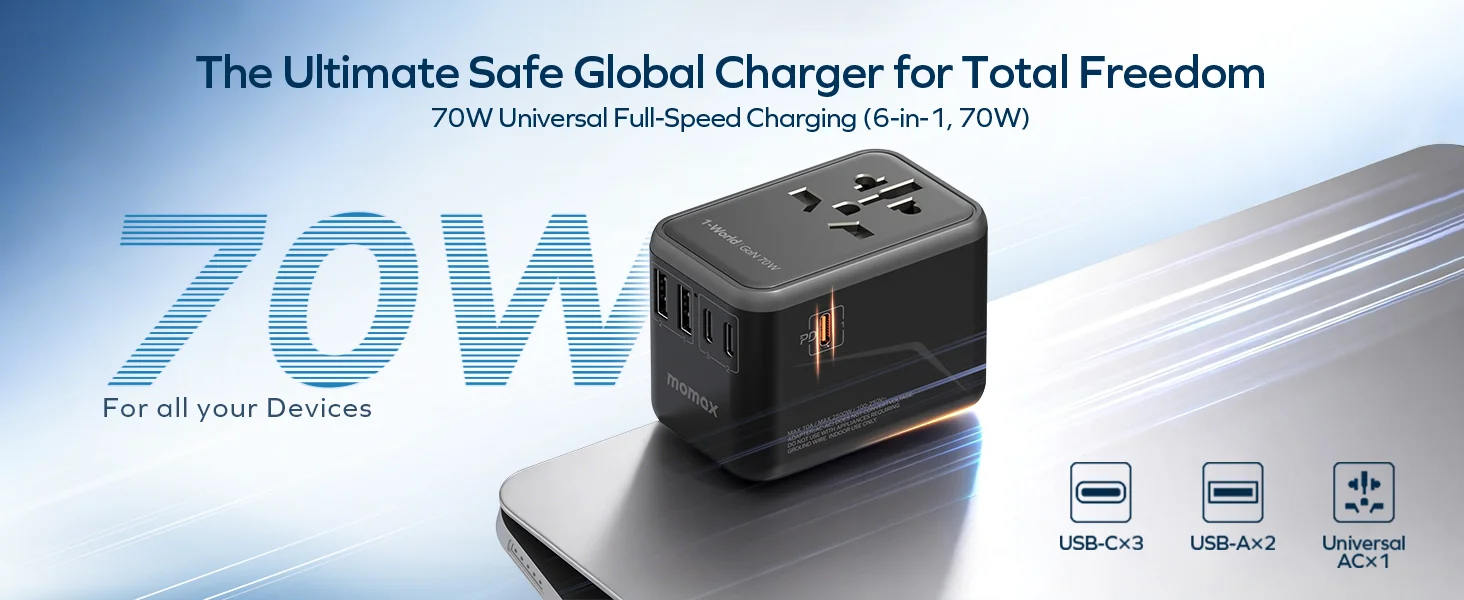 MOMAX 70W GaN Universal Travel Adapter with 3 USB-C PD & 2 USB-A QC - Black - Thumbnail 10
