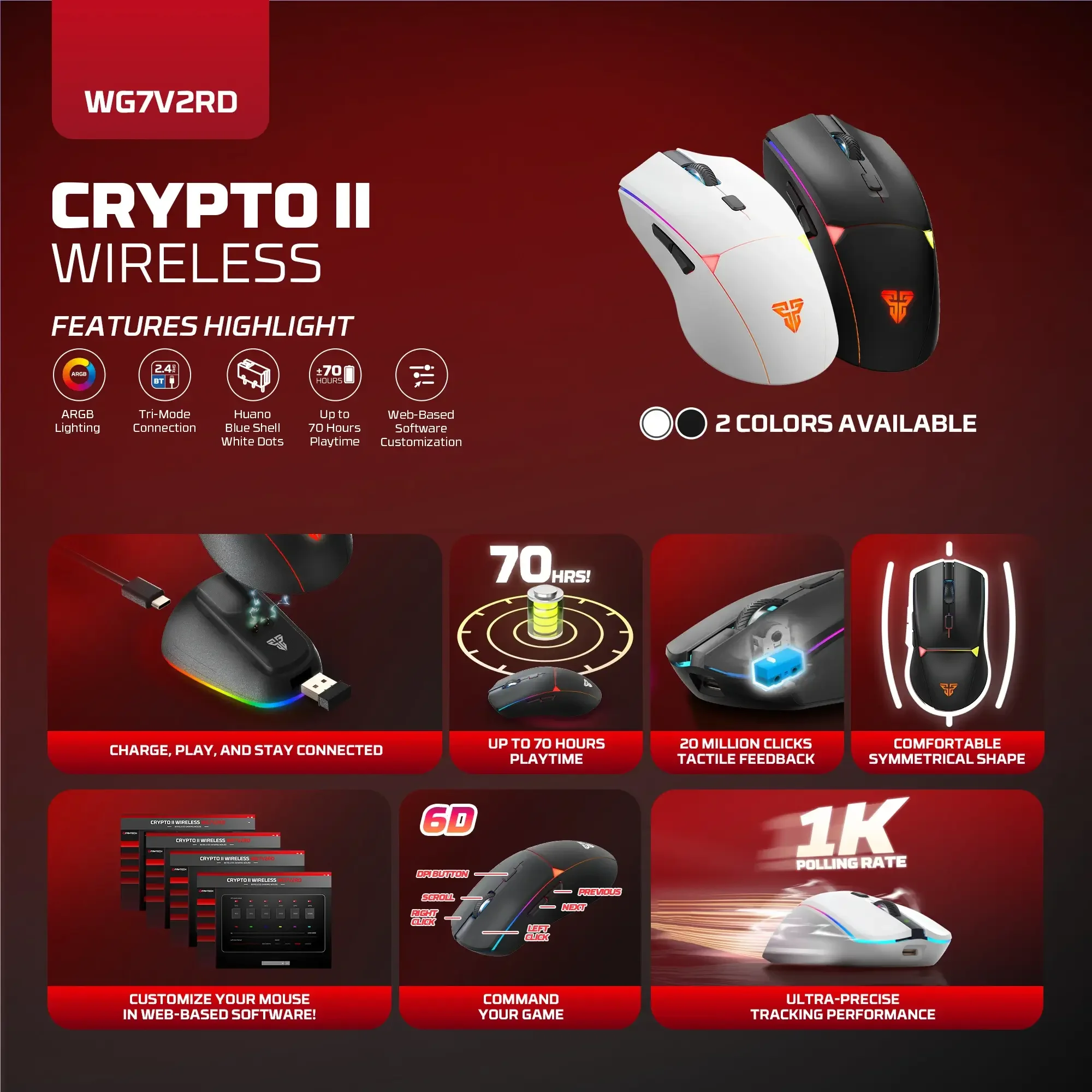 Fantech WG7V2RD CRYPTO II Wireless Gaming Mouse Black - Thumbnail 5