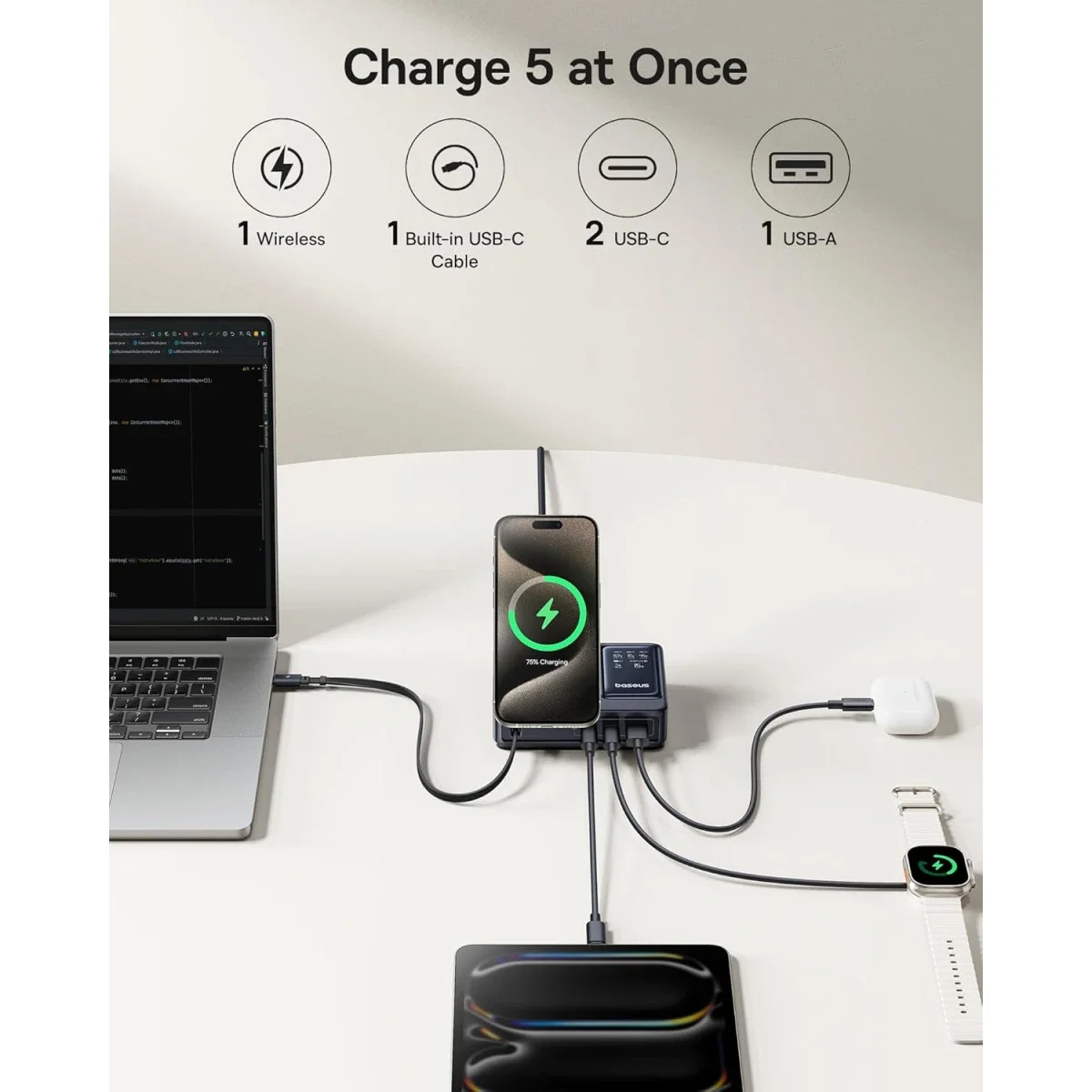 Baseus Nomos 5-in-1 140W Qi2 15W Magnetic Charging Station with 100W Retractable USB-C Cable - Thumbnail 7