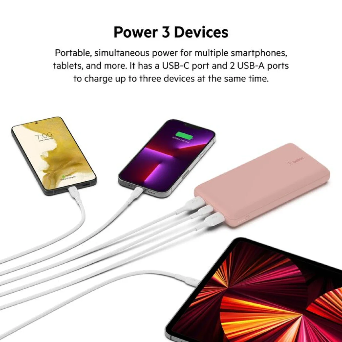 Belkin BoostCharge BPB012BTRG 20,000mAh 15W USB-C Power Bank with 2 USB-A Ports - Pink - Thumbnail 4