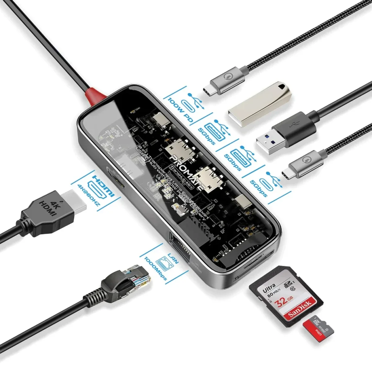Promate TransHub-Mini 8-in-1 USB-C Media Hub with 4K@60Hz HDMI, Gigabit LAN and 100W PD