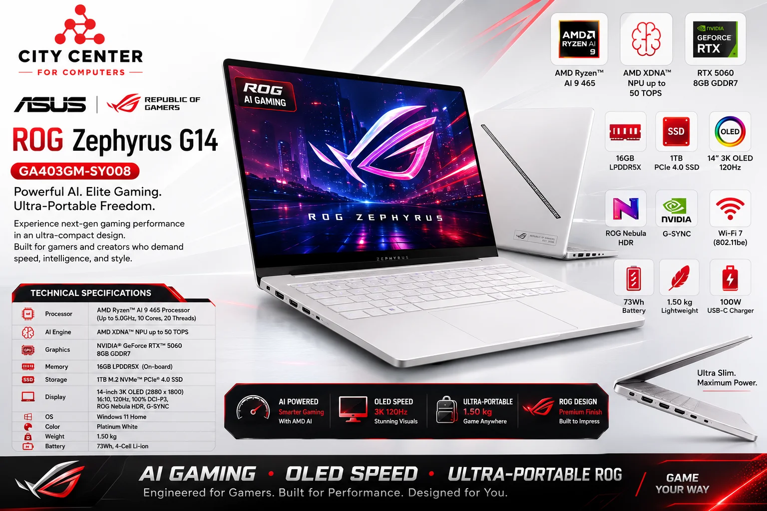 Asus ROG Zephyrus G14 GA403GM-SY008 Gaming Laptop Ryzen AI 9 465 RTX 5060 16GB 1TB 14.0-Inch 3K OLED 120Hz Platinum White - Thumbnail 10