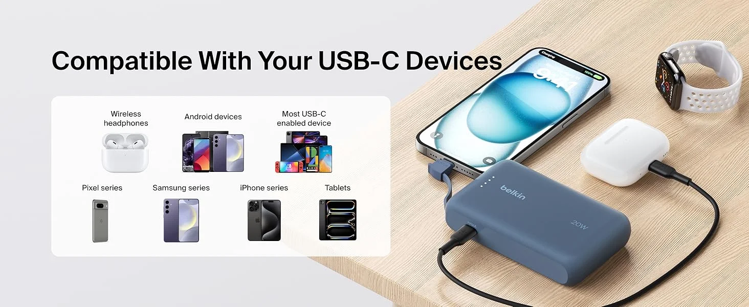 باور بانك Belkin BoostCharge بسعة 10000mAh مع كابل USB-C مدمج وشحن PD بقوة 20W - أزرق - Thumbnail 16