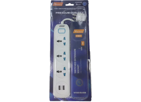 مشترك كهرباء Voltrax VX103USB بطول 3 متر مع 3 مقابس عالمية ومنفذي USB-A - Image 2