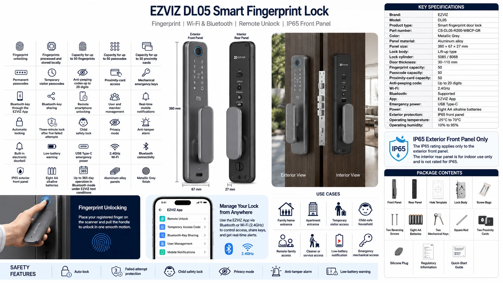 Ezviz DL05 Smart Fingerprint Door Lock with Wi-Fi, Bluetooth & IP65 Front Panel - Metallic Grey - Image 11