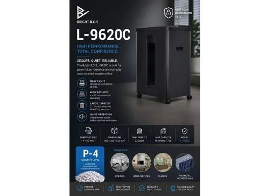 فرامة ورق BRIGHT B.O.S L-9620C مكتبية بقص متقاطع، 15 ورقة، 22 لتر - Image 2