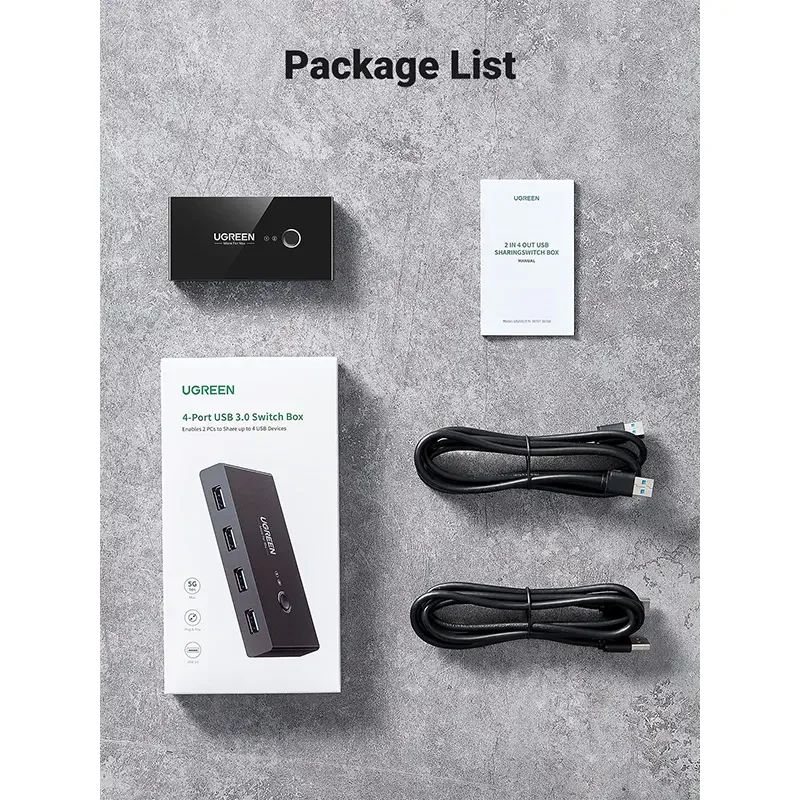 سويتش USB Ugreen 30768 إصدار 3.0 بأربعة منافذ لجهازَي كمبيوتر و4 أجهزة مع كابلَي USB-A - Image 6