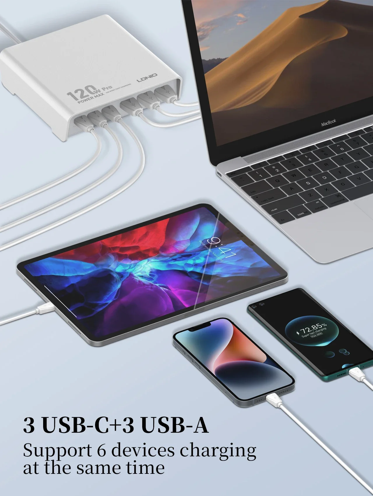 شاحن مكتبي سريع LDNIO Q605 بقدرة 120 واط و6 منافذ USB-C PD - أسود - Thumbnail 6
