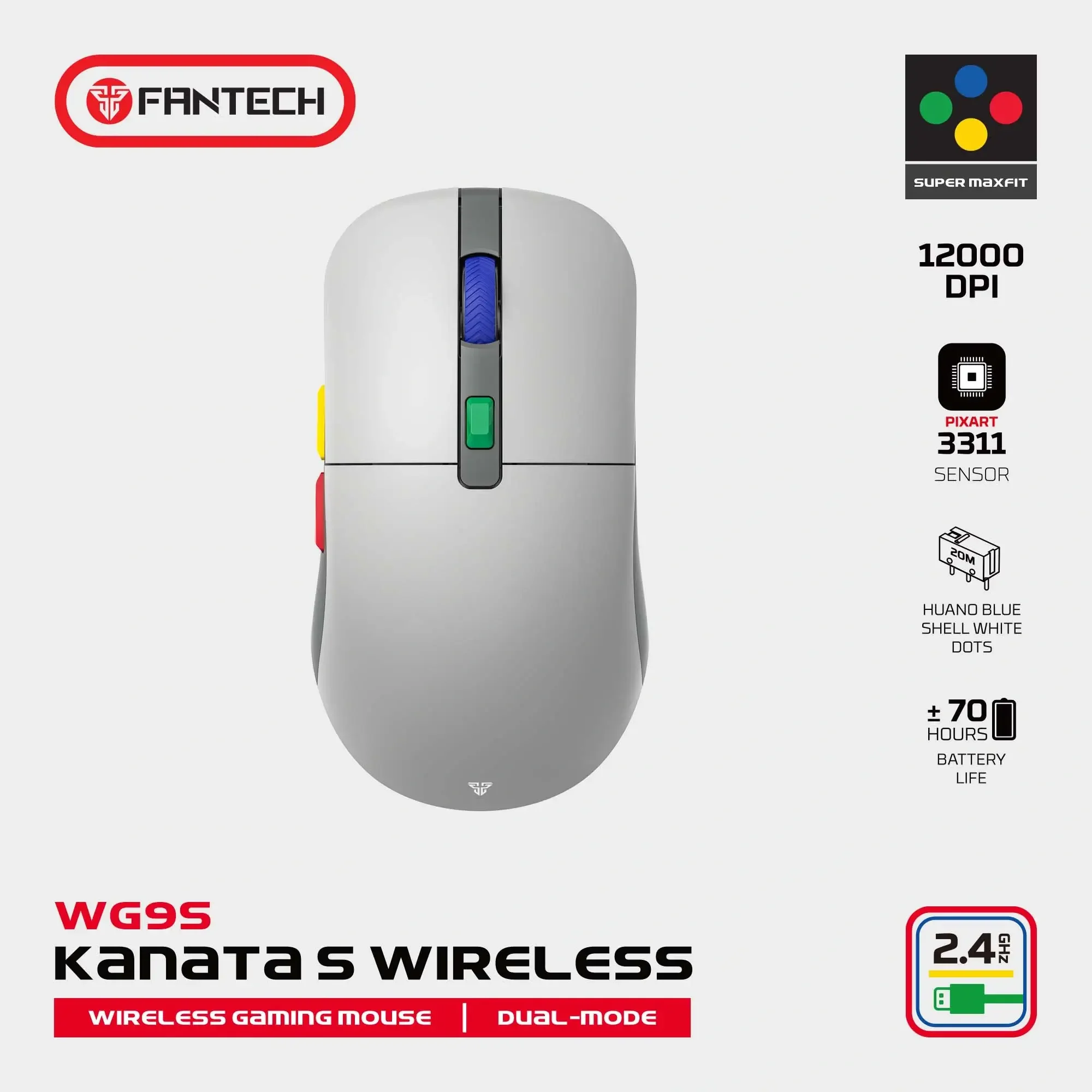 ماوس ألعاب Fantech KANATA S WG9S Super Maxfit لاسلكي ثنائي الوضع - Thumbnail 3