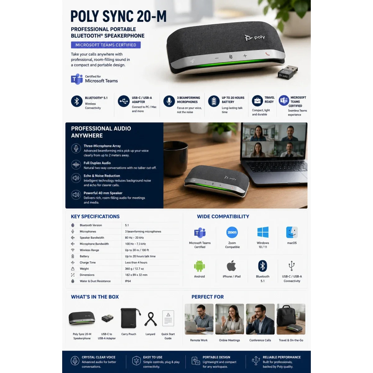 مكبر صوت للمكالمات Poly Sync 20-M محمول بتقنية Bluetooth مع محول USB-C إلى USB-A - Image 7