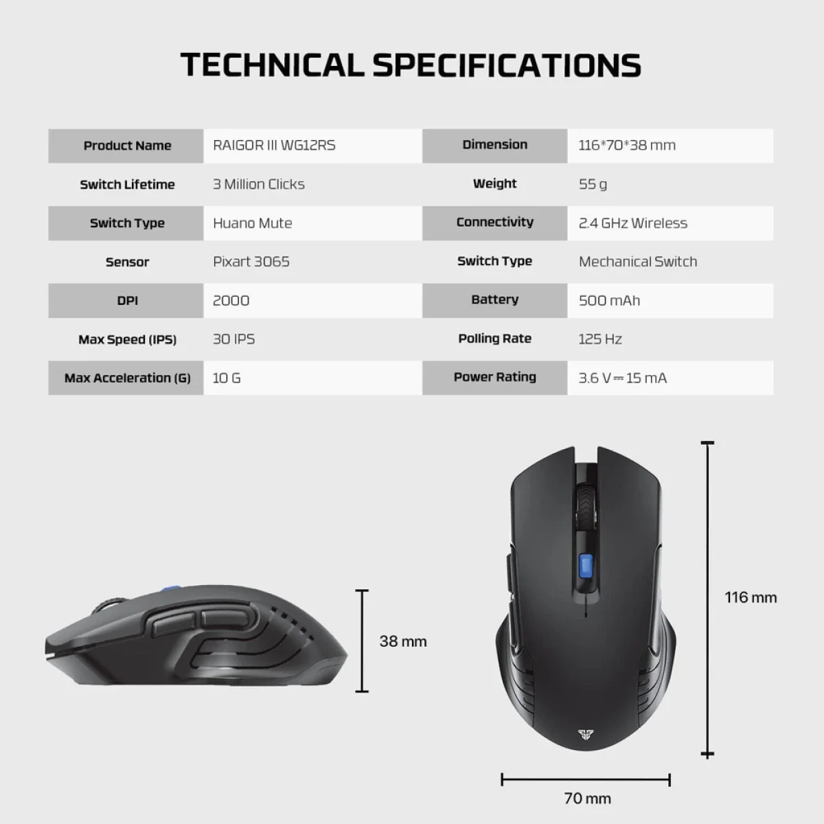 ماوس ألعاب لاسلكي Fantech Raigor III WG12RS بدقة 2000 DPI صامت أسود - Thumbnail 8