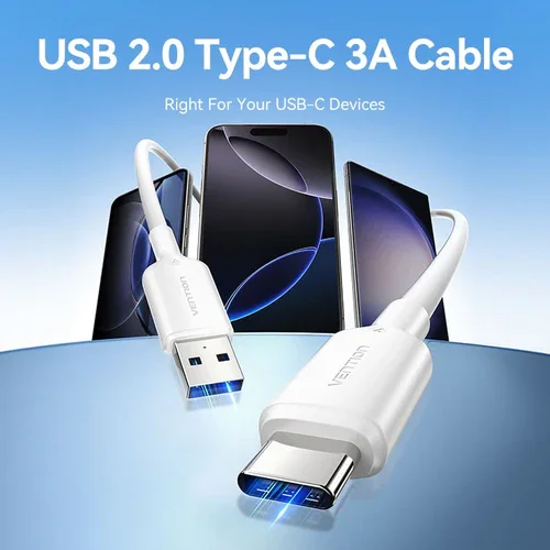 كيبل Vention USB 2.0 من USB-A ذكر إلى USB-C ذكر، 3A، 1.5 متر، أبيض - Thumbnail 2