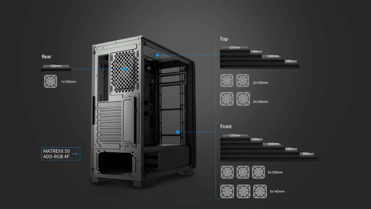 DeepCool MATREXX 50 Mid-Tower Gaming Case with Tempered Glass and 4 ARGB Fans - Black - Image 13