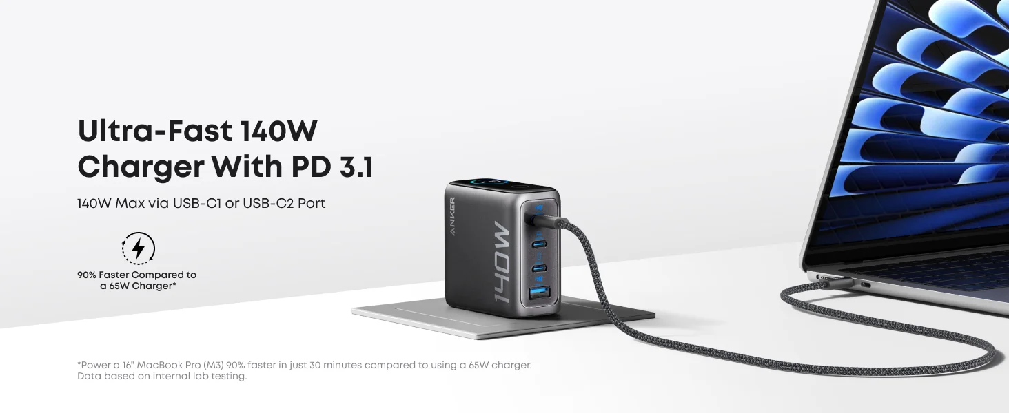 Anker 140W 4-Port GaN USB-C Charger with Smart Display, Black - Thumbnail 14