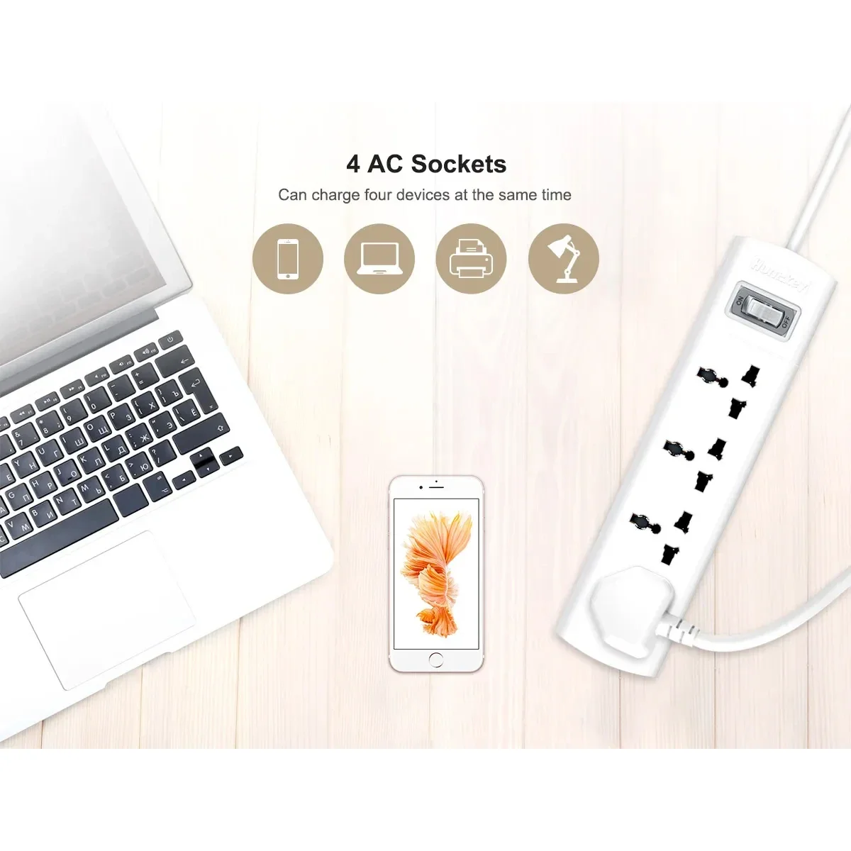 Huntkey SZM401 Universal Power Strip, 4 Outlets, 1.5m, White - Thumbnail 4