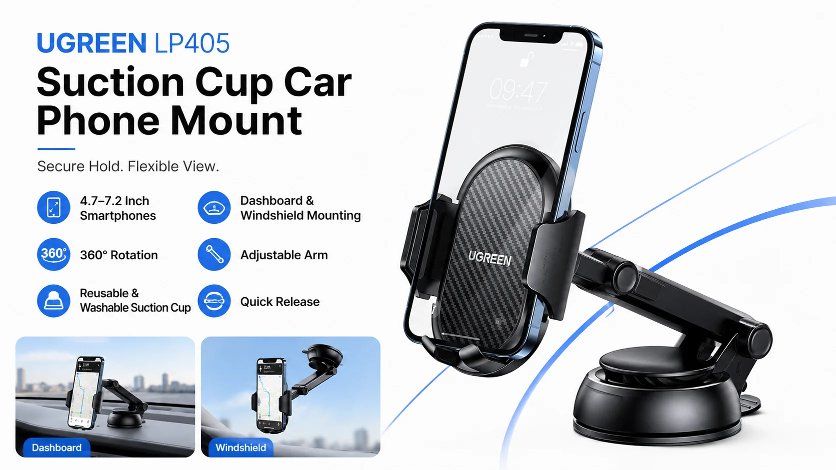Ugreen LP405 Suction Cup Car Phone Mount for 4.7–7.2 Inch Smartphones - Image 5