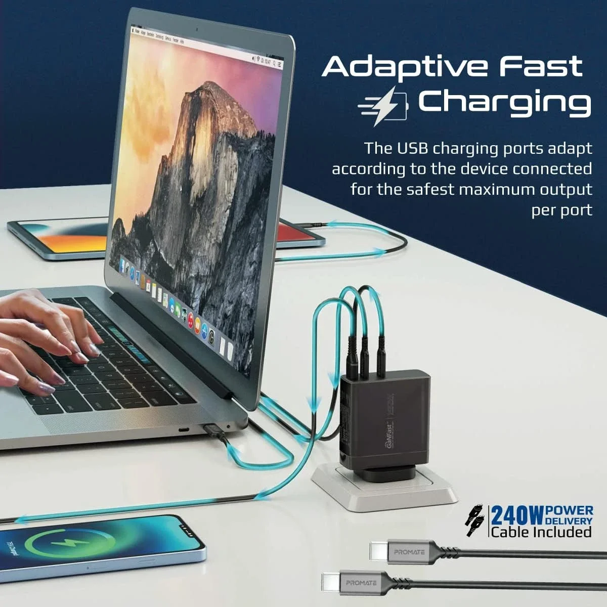 Promate GaNCharge-140W 140W 3-Port USB-C GaN Charger, Black - Thumbnail 7