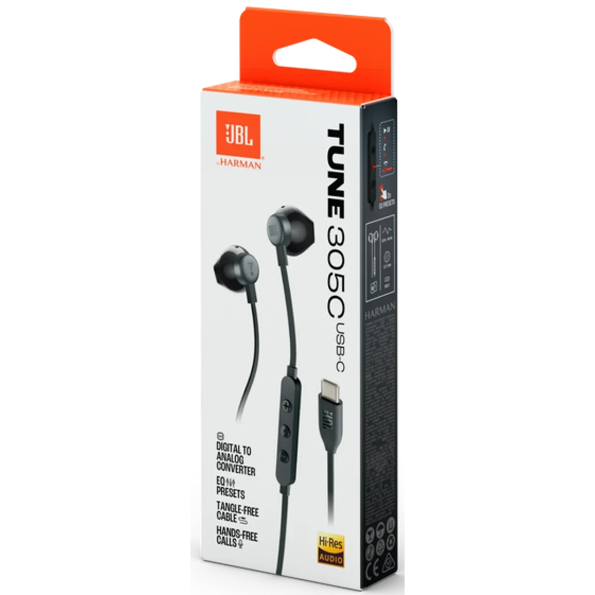 JBL Tune 305C USB-C Wired Hi-Res Earbuds with Mic, Black