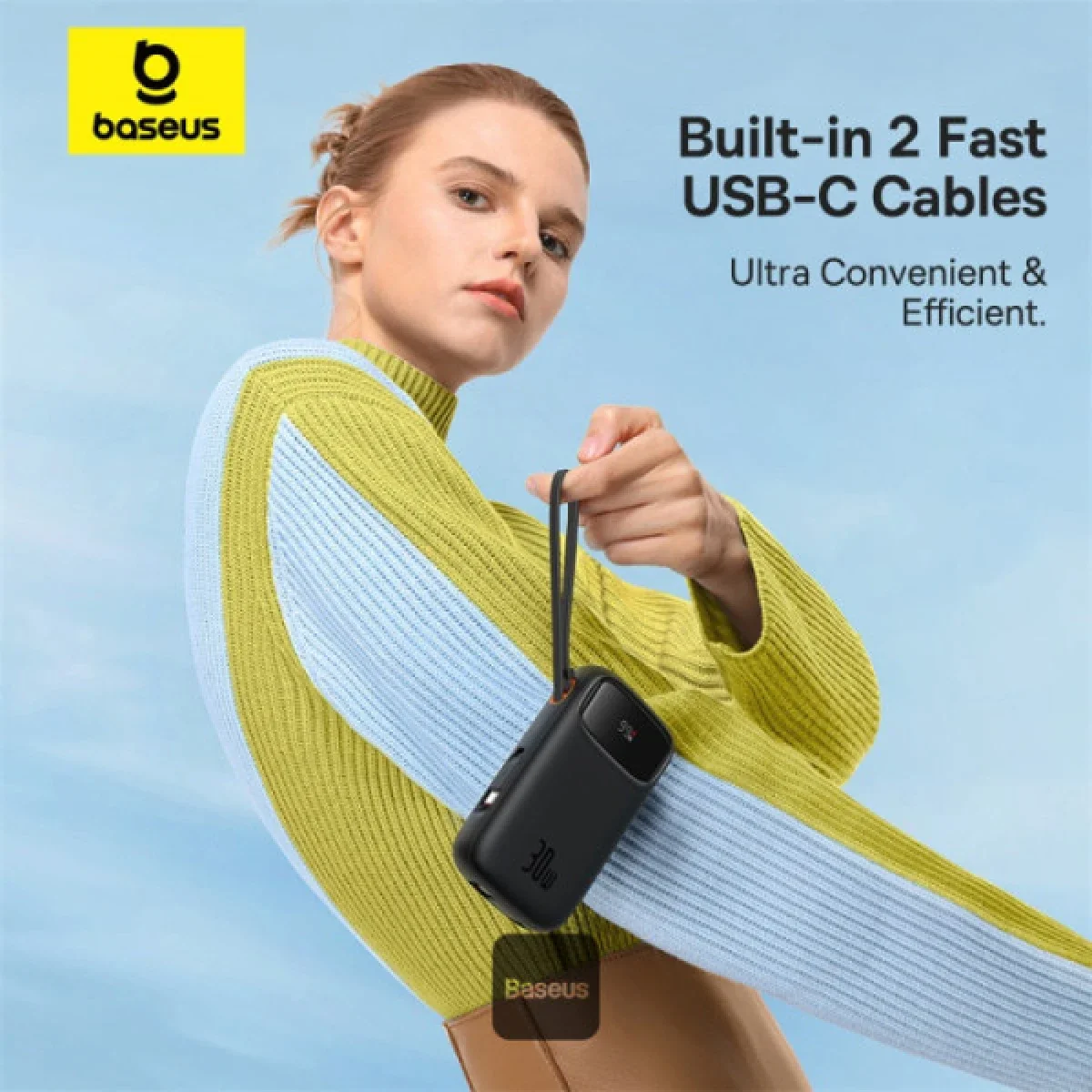 Baseus QPow2 20000mAh 30W Fast Charge Power Bank with Built-in Dual Type-C Cable - Black - Thumbnail 3