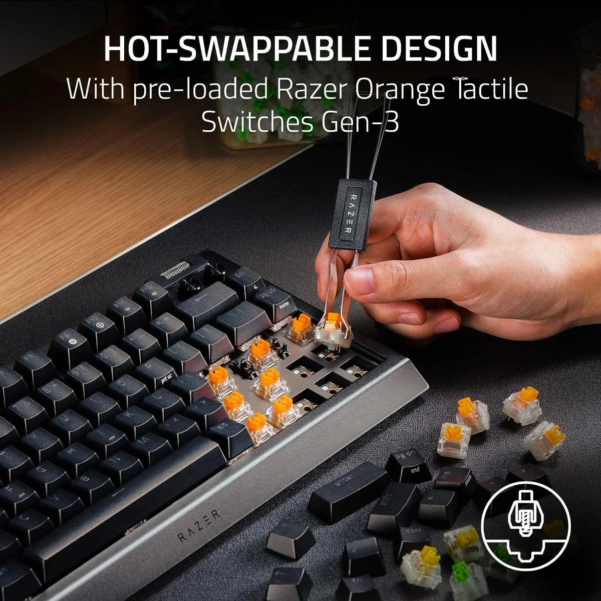 كيبورد ألعاب Razer BlackWidow V4 75% ميكانيكي قابل لتبديل السويتشات مع سويتشات برتقالية لمسية - أسود - Thumbnail 2