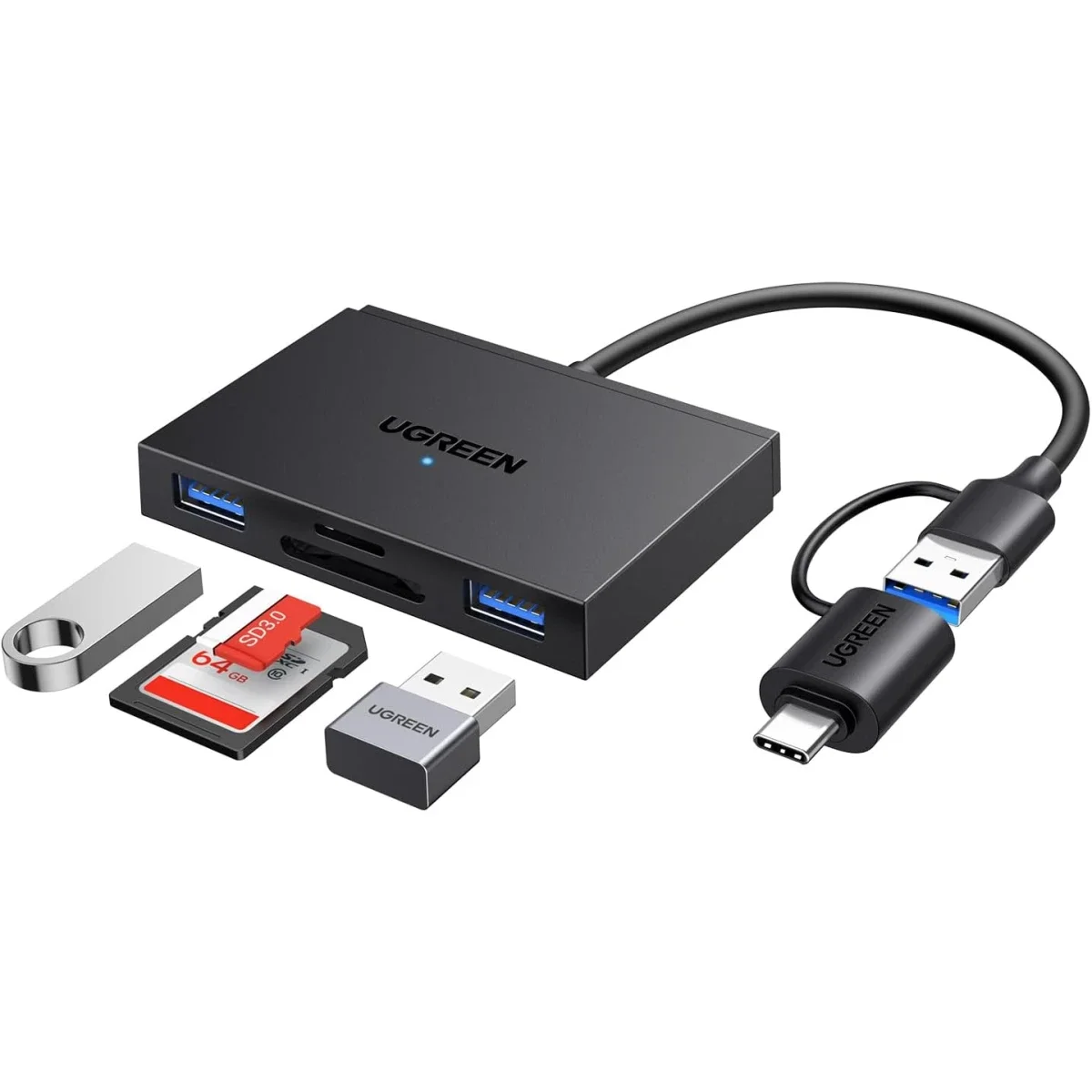 قارئ بطاقات Ugreen 4 في 1 USB-C وUSB-A لبطاقات SD وTF مع منفذي USB 3.0 بسرعة 5Gbps