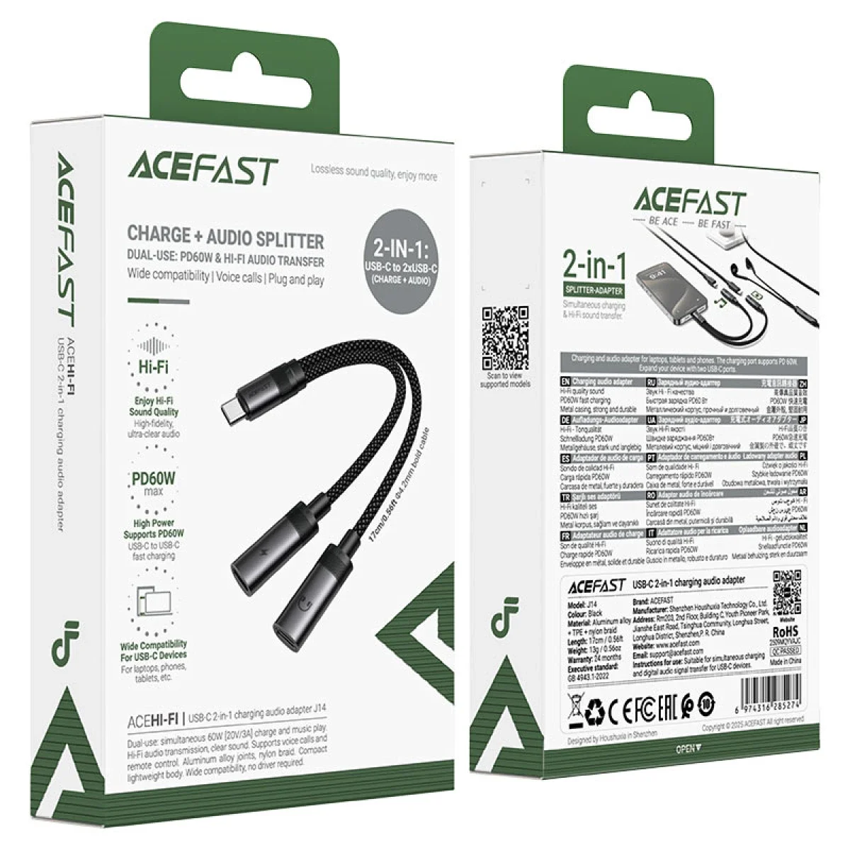 محول تقسيم ACEFAST J14 من USB-C إلى 2x USB-C بقدرة 60W وشحن سريع وصوت Hi-Fi أسود - Image 6