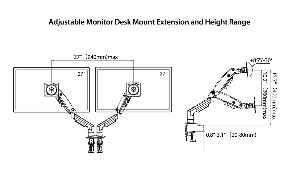 North Bayou F160 Dual Monitor Arm with Gas Spring for 17–27 Inch Monitors, White - Image 11