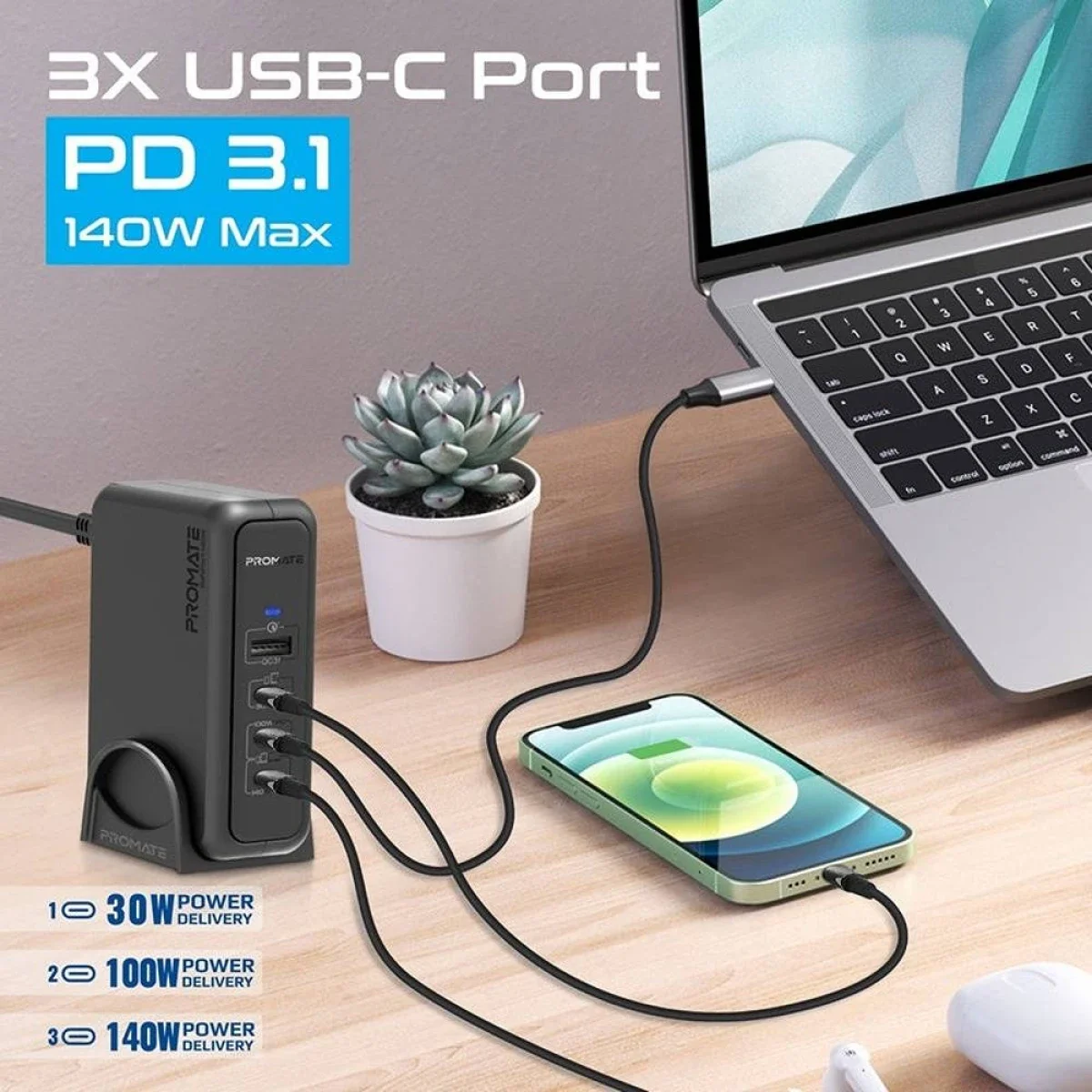 Promate GaNPort-140W 140W GaNFast Charging Station with PD 3.1 & QC 3.0 - Black - Thumbnail 4