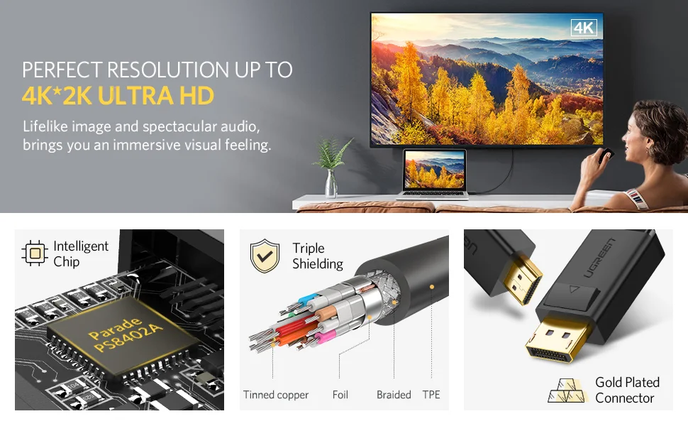 سلك Ugreen DisplayPort إلى HDMI بدقة 4K UHD بطول 1.5 متر أسود - Image 8