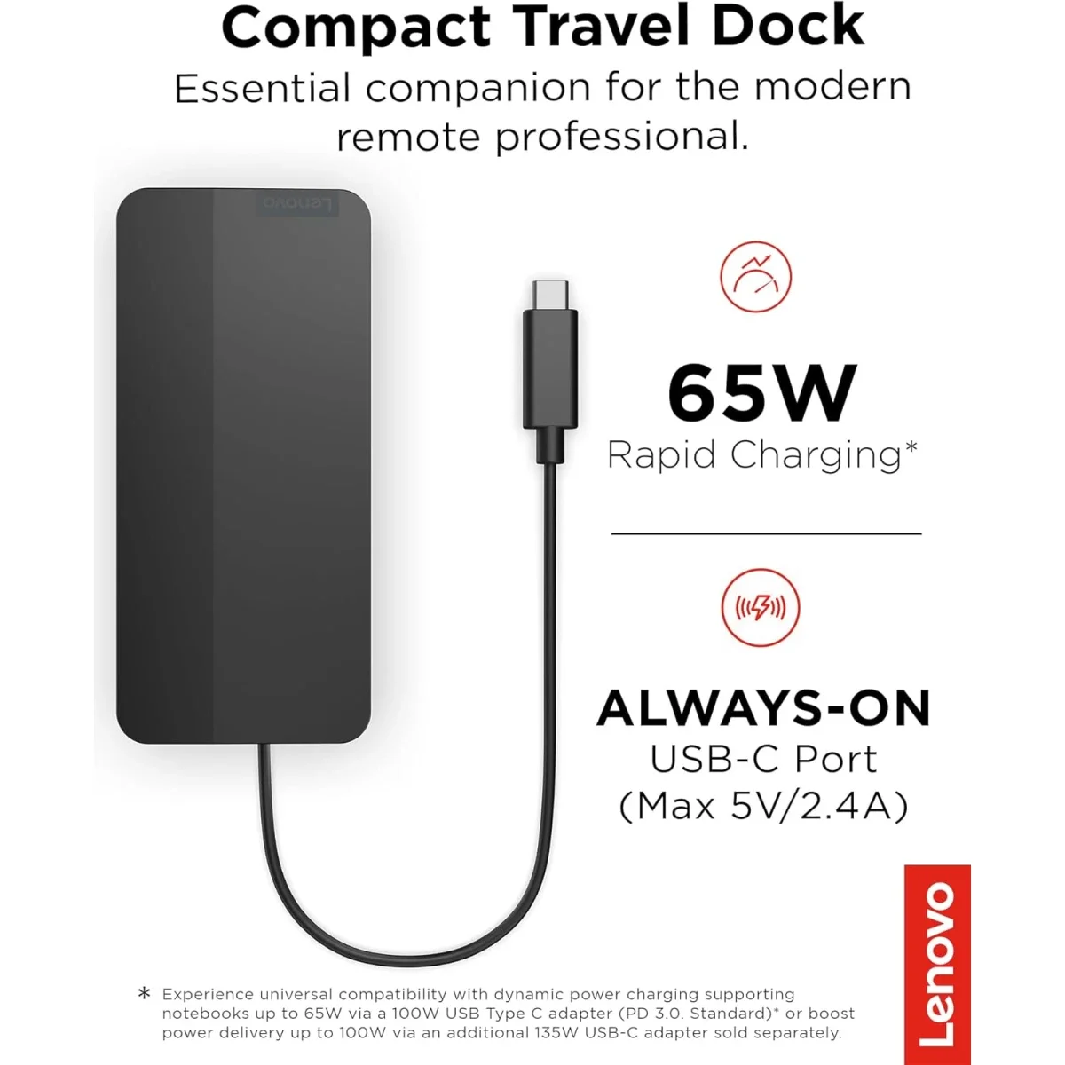 محطة إرساء Lenovo USB-C محمولة بشاشتين مع DP 1.4 وHDMI 2.0 وشحن 65 واط - Image 2