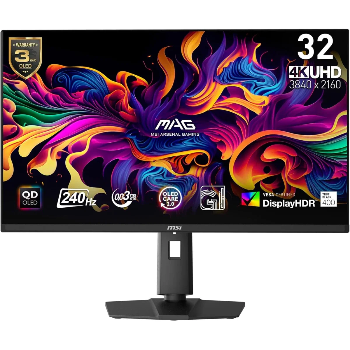 شاشة ألعاب MSI 32 إنش 4K UHD، 240 هرتز، 0.03 مللي ثانية، True Black HDR 400، USB-C بقدرة 15 واط، HDMI وDP – MAG 321UPX QD-OLED