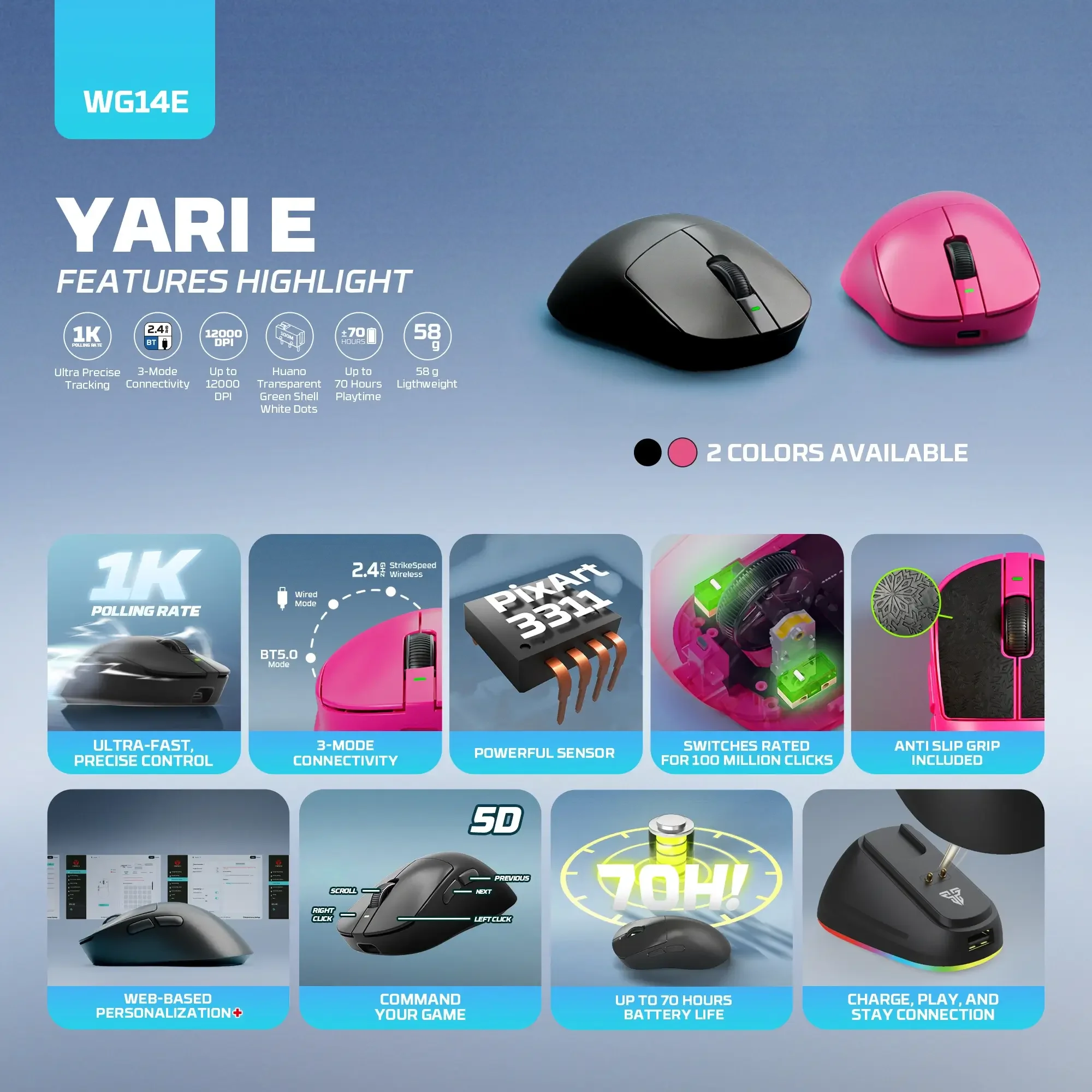 Fantech WG14E YARI E Ergonomic Wireless Gaming Mouse Pink - Thumbnail 5