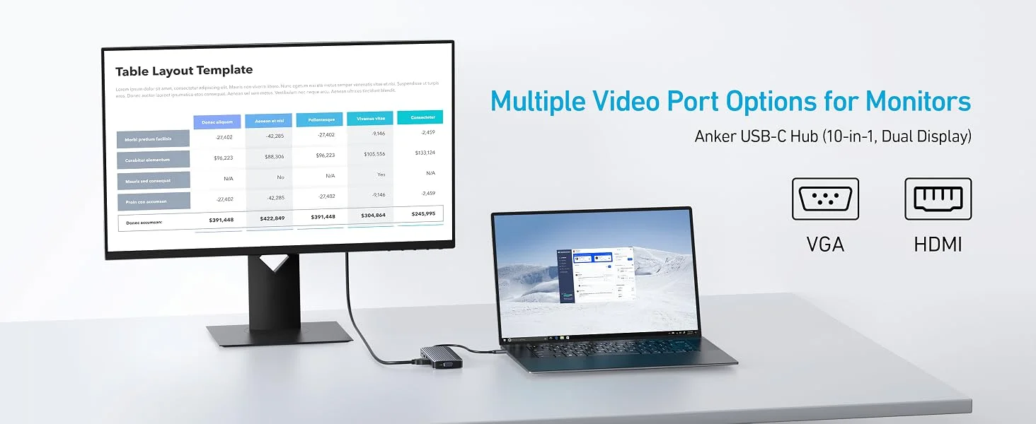 موزع USB-C Anker 10 في 1 بشاشتين مع HDMI 4K وVGA وإيثرنت وPD 100W - Thumbnail 6