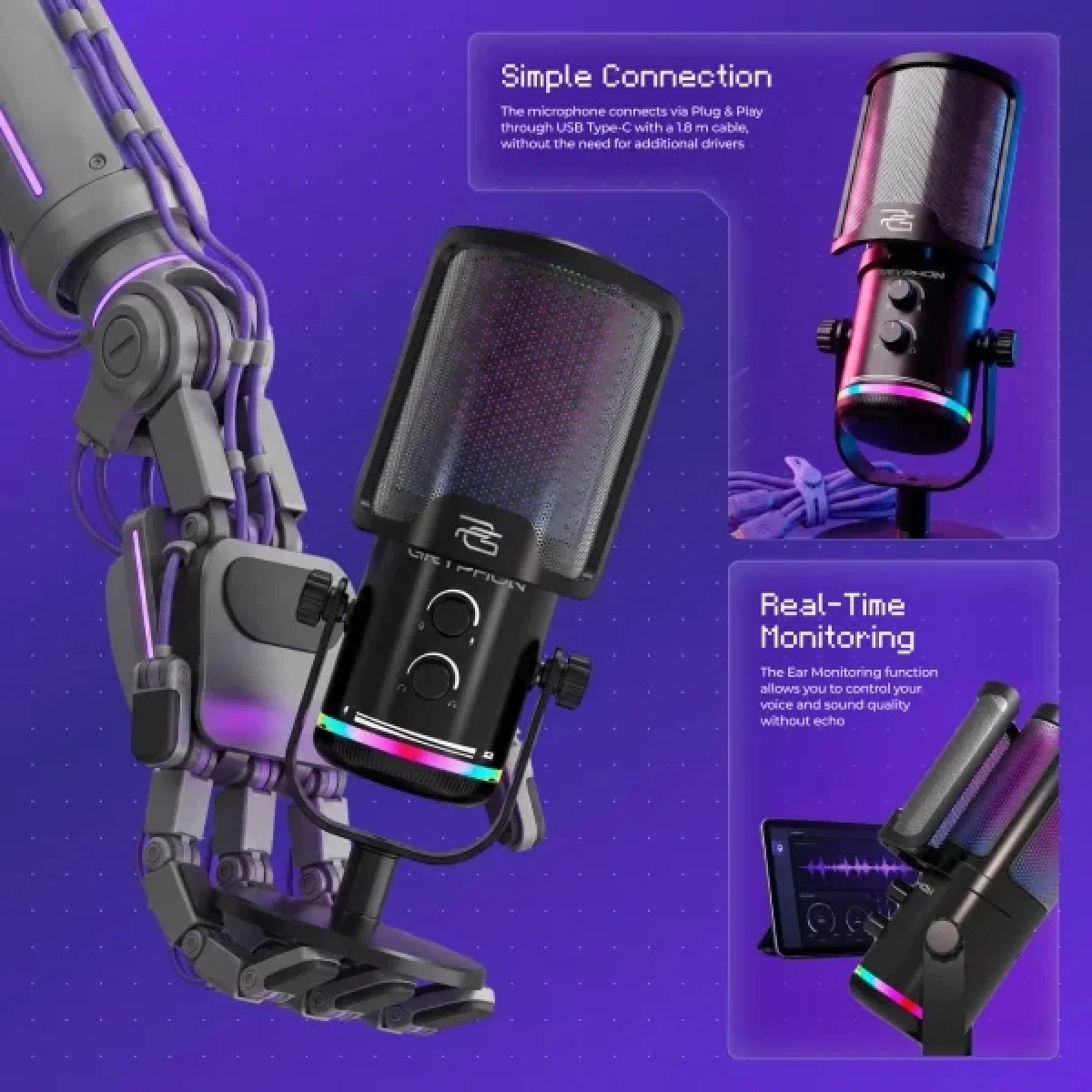 Proove Gaming Gryphon Type-C Condenser Gaming Microphone with RGB & ENC - Black - Thumbnail 4