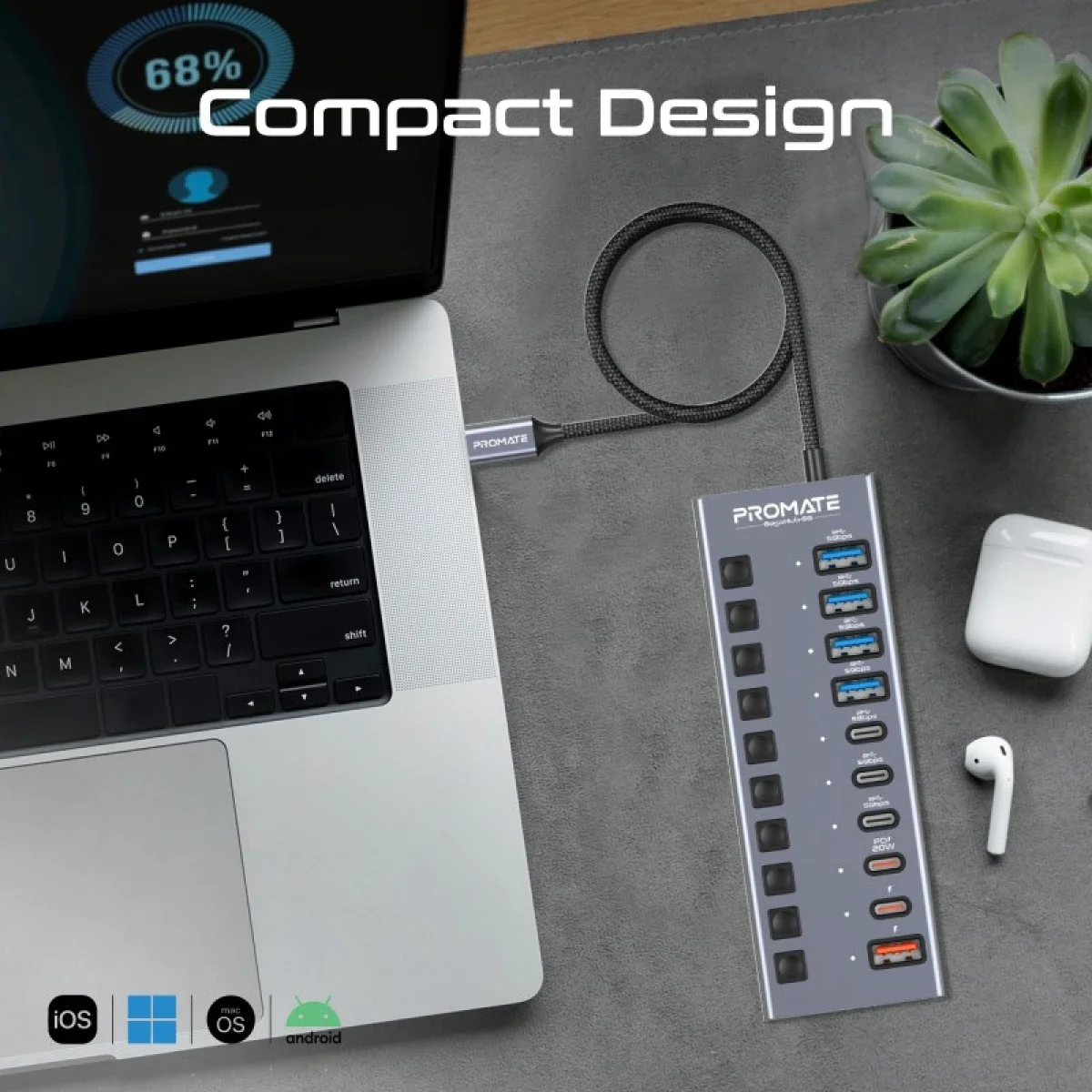 موزع Promate GegaHub-5G متعدد المنافذ USB-C 10 في 1 بسرعة 5Gbps وشحن PD بقوة 20W - Thumbnail 5